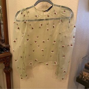 ZARA Women Green Sheer Floral Embroidery Cropped Top Size Small